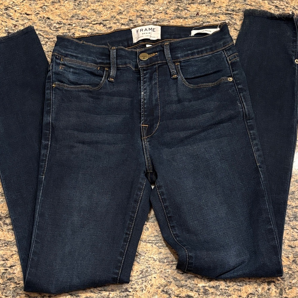 FRAME Le High Skinny Jeans Dark Wash Frayed Hem Ankle Zip Detail Size 24